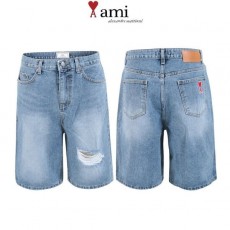 AMI 아미 중청 데미지 데님 와이드 7부 팬츠