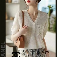 샤* 레이스 포켓 Y넥 반팔 니트 (1563)